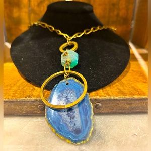 Jan Michaels “Blue Agate Slice” Brass Necklace